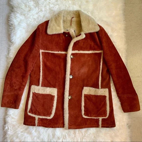 RARE vintage 70s burnt orange genuine suede Sherpa retro coat size XL - Picture 4 of 16